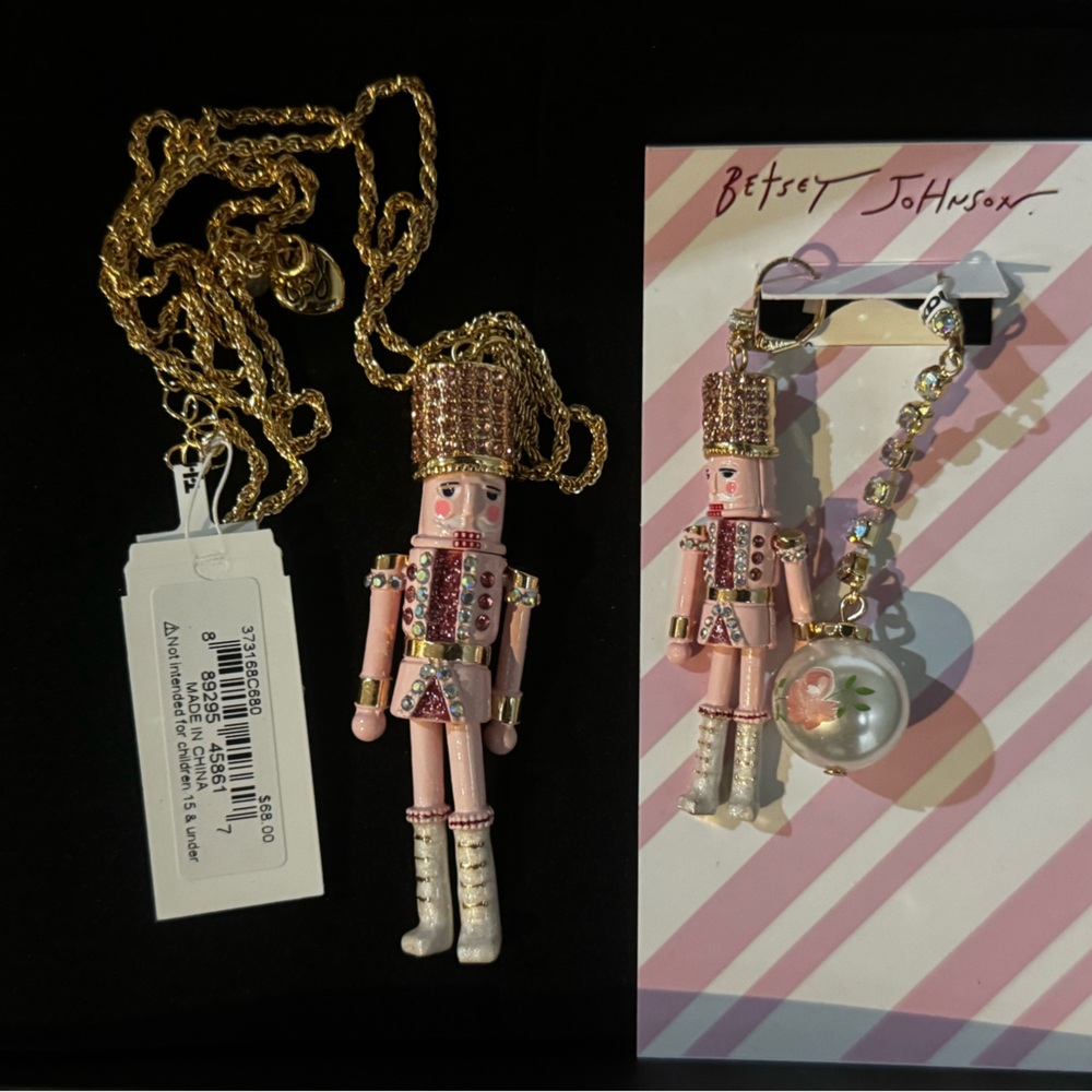 2p Betsey Johnson Pink Nutcracker Long Pendant Christmas Necklace & Earrings NEW